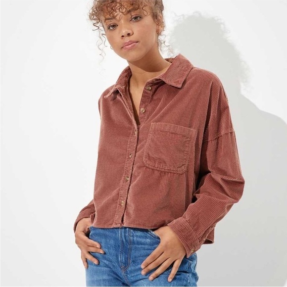 American eagle cropped corduroy button down shirt pink maeve collar pocket small - Picture 9 of 9